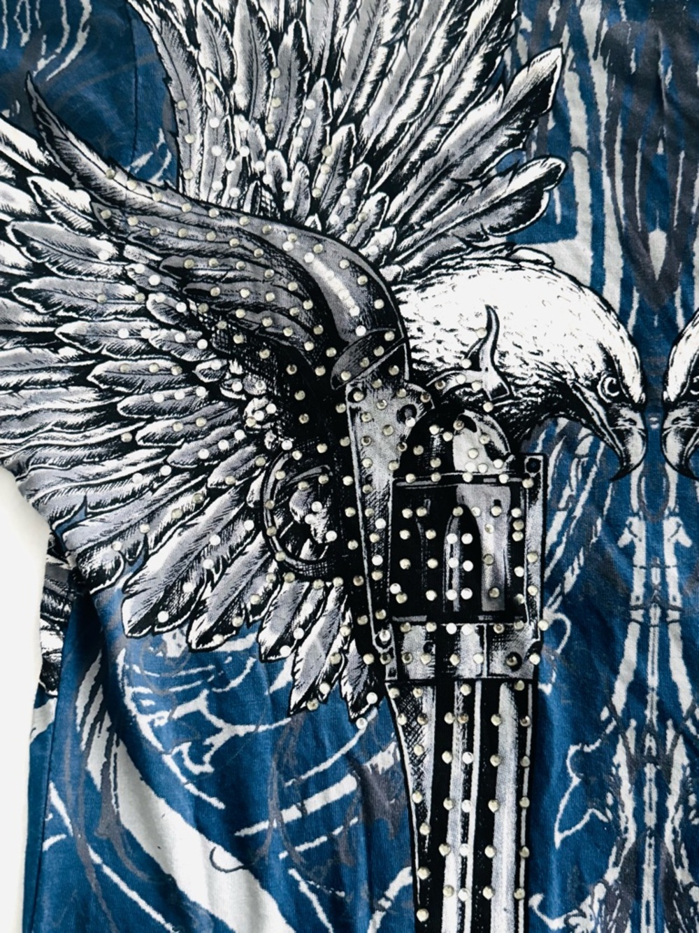 Sinful by Affliction V-Neck 
Blue & White Winged Guns with Rhinestones - Picture 7 of 9